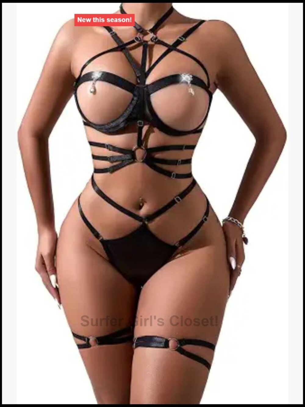 Sparkly Glitter Chain Belt Teddy Babydoll Bodysuit Lingerie Set